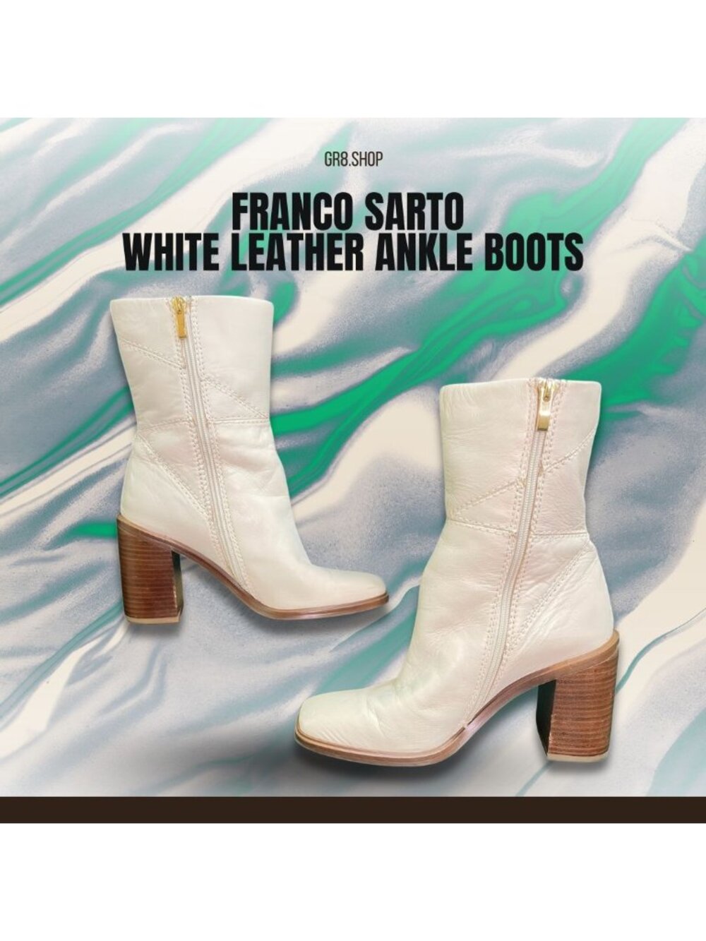 Franco Sarto White Leather Ankle Boots Size 6.5 Block Heel Chic Design